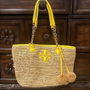 Tory Burch Tan and Yellow Straw Tote
